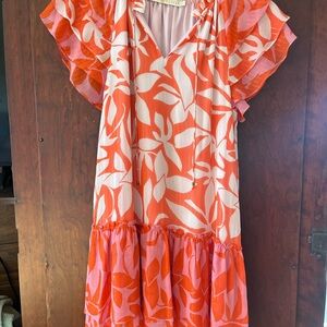 Marie Oliver Orange and Cream Floral Ruffle Dress